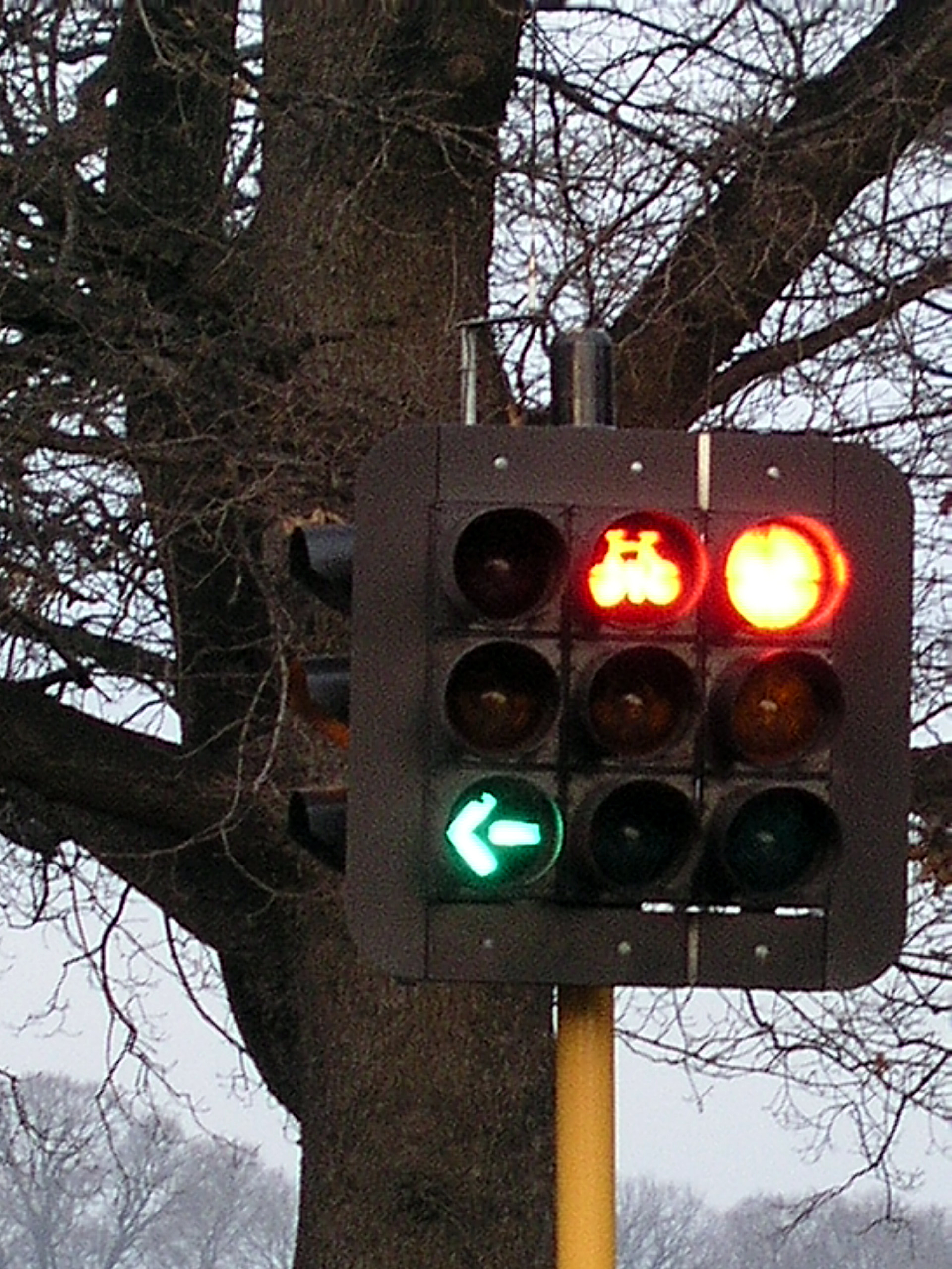 Traffic lights Greeen and Red Three traffic lights with the left turn green and the two others red.