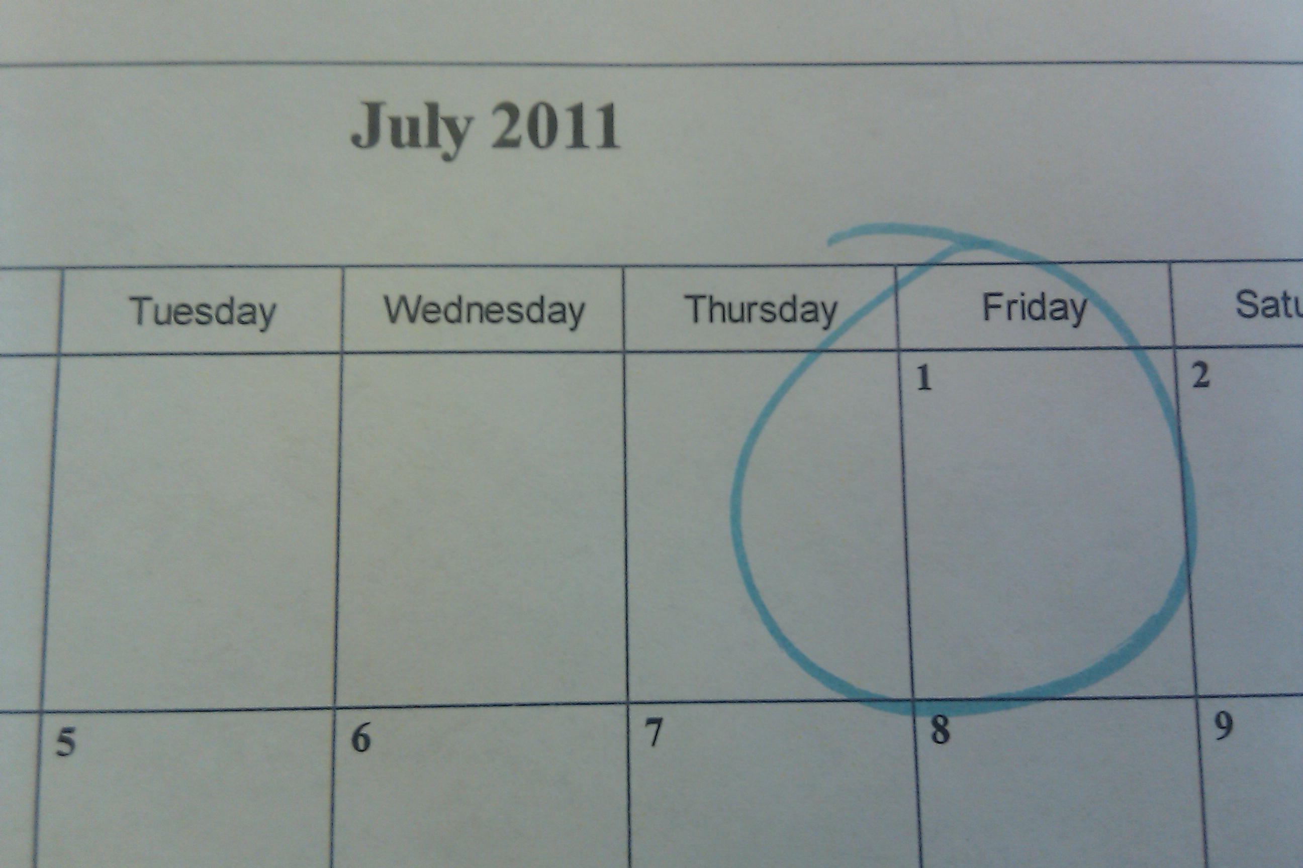 July 1 2011 Calendar with July 1, 2011 circled