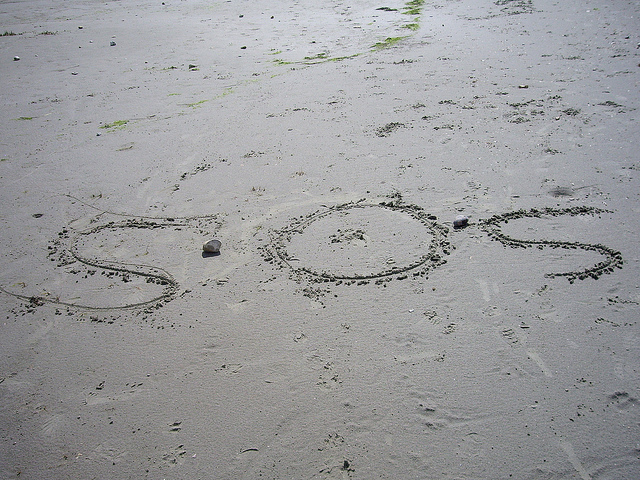 Photo of a beach with the letters SOS spelled out in the sand.