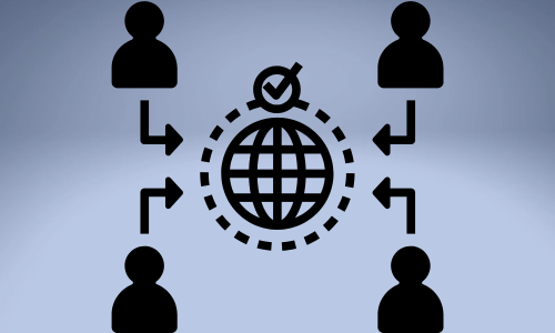 Icons showing four people with arrows pointing to an internet icon and a check mark.