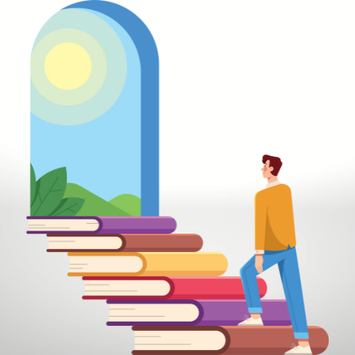 Illustration of a figure walking up a staircase made of books toward a door with a sunshine.