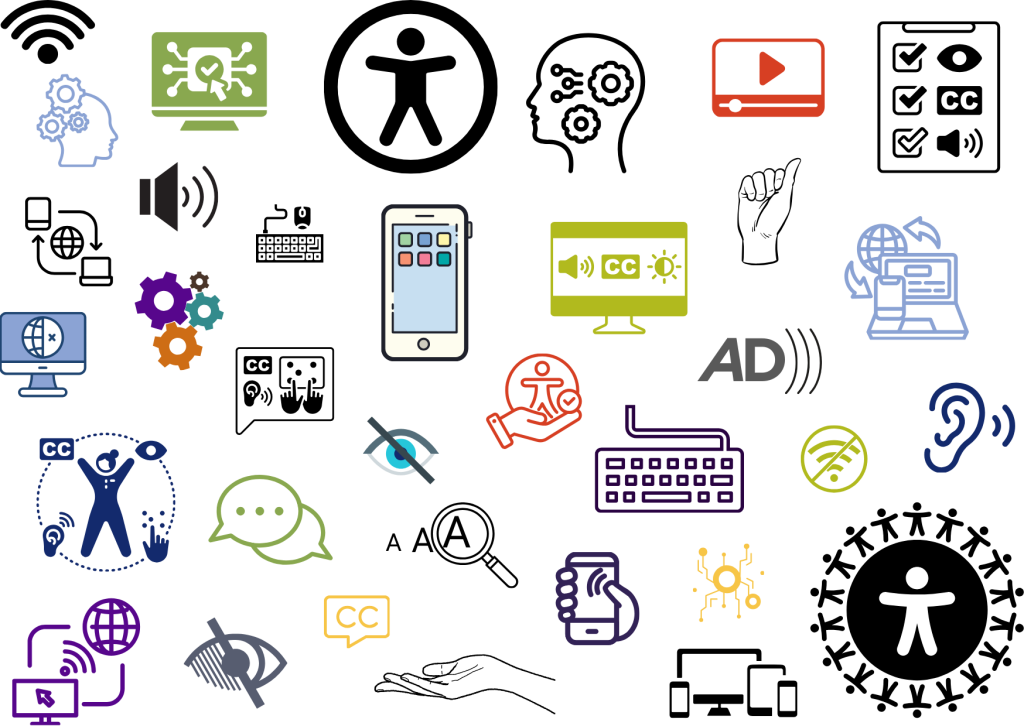 Image with several different accessibility icons like CC icons, icon for hearing assistance, internet icons, settings gear, sign language illustrations Audio Description icon, etc.