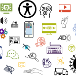 Image with several different accessibility icons like CC icons, icon for hearing assistance, internet icons, settings gear, sign language illustrations Audio Description icon, etc