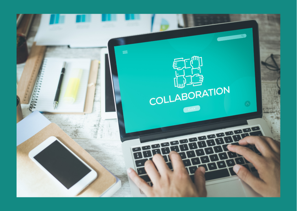 Image of someone working on a laptop with the word collaboration on the laptop screen