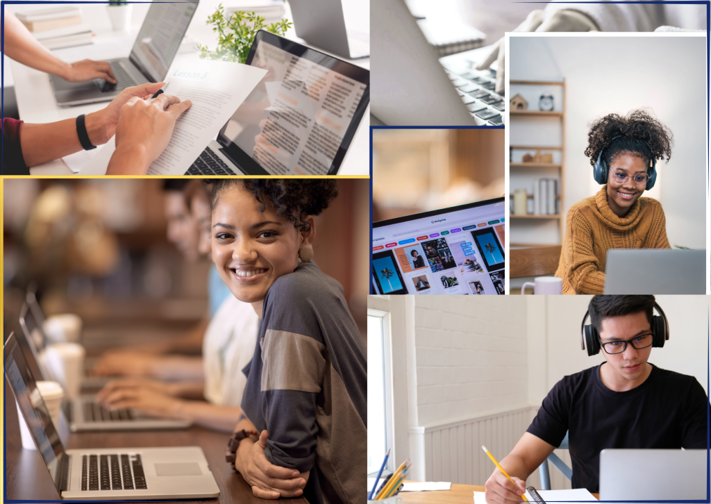 A collage of photos of students using laptops and other devices.