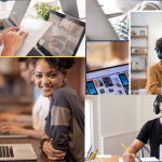 A collage of photos of students using laptops and other devices.